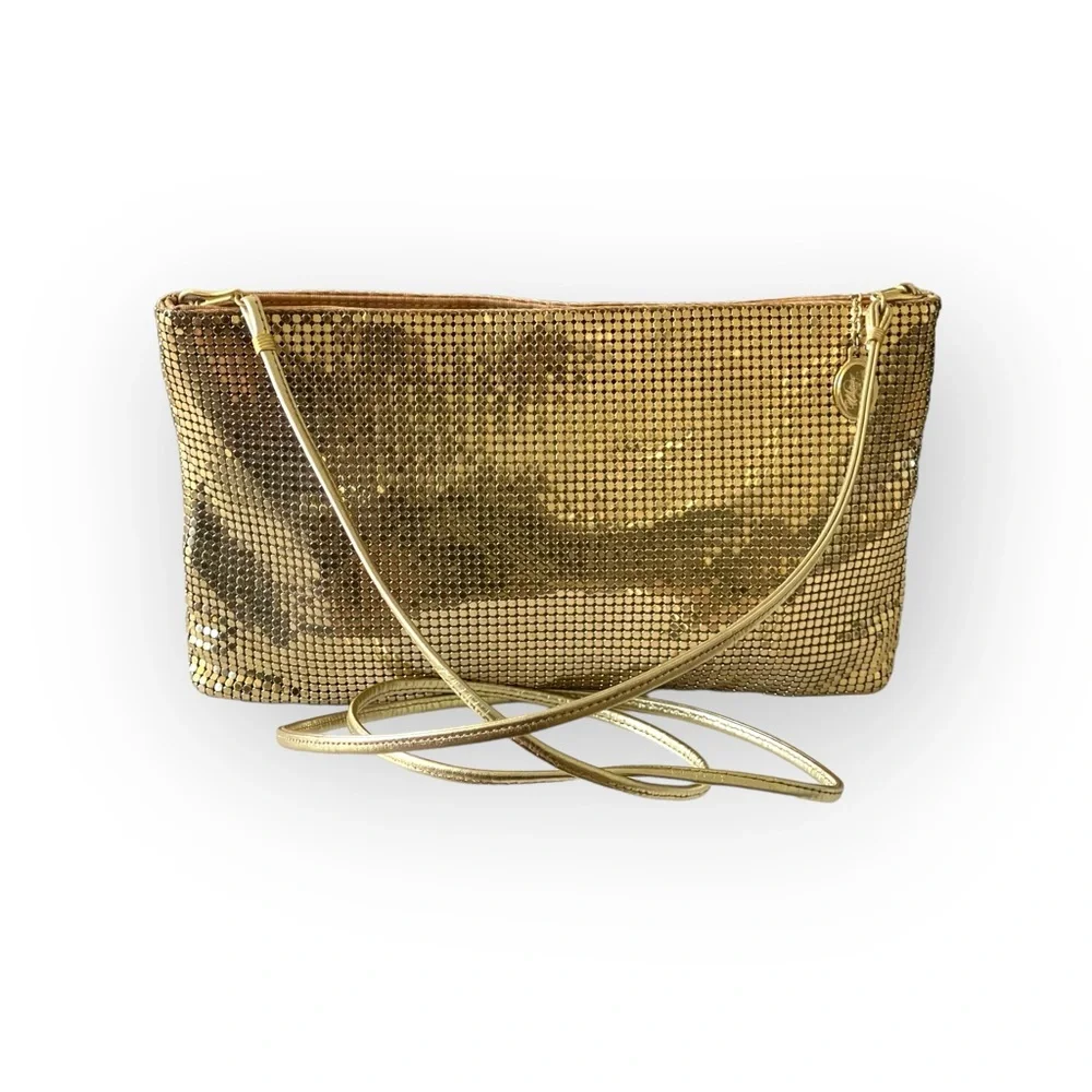 Vintage: Whiting Davis 𖣴 Metal Mesh Convertible Crossbody Clutch Bag 𖣴 Gold 𖣴